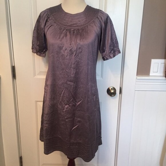 CALYPSO DRESS SHIFT PURPLE CRINKLE SILK SHORT SLEEVE POCKETS Size 4 - Picture 1 of 6